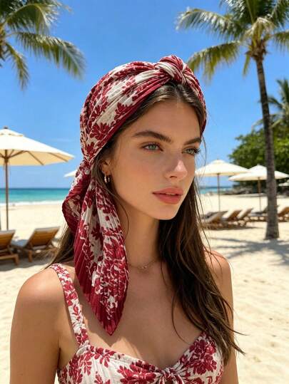 1pc Vintage Crinkle Printed Silk Scarf, Fashionable Versatile Headscarf, Neckerchief, Gift