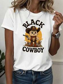 Camiseta de diseño estampado casual 100% algodón para mujer, camiseta deportiva casual para mujer, camiseta de cuello redondo, COWBOY, estilo vaquero occidental, atuendo diario único, temática del Día de la Independencia, diseño de pistolero de dibujos animados, temática occidental, gráfico de vaquero, top cómodo para todas las estaciones, tops de verano 2026, atuendos diarios para mujer, adecuado para primavera, verano y otoño. - Blanco - Ver 7