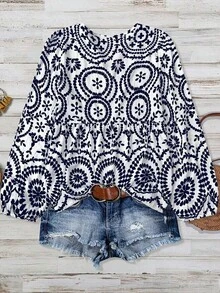 Bamboo Long-Sleeved Blouse With Knot And Patch Print, Comfortable And Casual, Plus Sizes For Women, Spring - Navy Blue - View 2