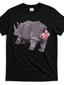Ace Rhino Graphic T-Shirt - Funny Rhino And Person Print, 100% Cotton 220GSM, Unisex Crew Neck For Men And Women, Comfortable For All Seasons, Machine Washable - 黑色 - 查看 1