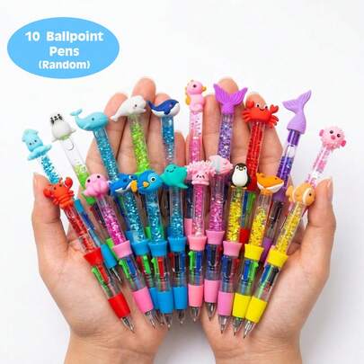 4pcs/Set Colorful Glitter Liquid Pens With Floating Ocean Animal Designs, Cute Kawaii Ballpoint Pen Set, Suitable For School, Diary, Notes And Gifts