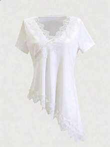 Women's T-Shirt With Ruffled Collar And Lace, Elegant And Fashionable, Suitable For Valentine's Day, Weddings, Holidays, Casual Outings, Parties, With An Asymmetrical Hem And Stretchy Fabric - 白色的 - 查看 8