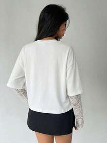 Women's Solid Color T-Shirt With Minimalist Lace Sleeves For Everyday Wear - 白色的 - 查看 2