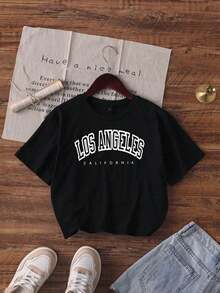 Women's Korean Style Short Sleeve Crew Neck T-Shirts With Letter Print, Loose Fit And Fashionable Graphic Tee For Women. - 黑色 - 查看 4