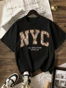 Lightweight, Comfortable And Soft Short-Sleeved T-Shirt, Inspired By Pinterest Street Style, With A Marble Texture Print And Sports Club Graphic, Casual Summer Top In Pure-Cotton - 黑色 - 查看 9