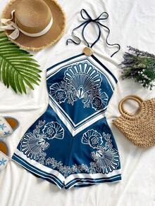 Nuevo mono floral de halter para vacaciones, adecuado para fiesta, cita, San Valentín, Pascua, carnaval, té de la tarde, playa, crucero, calle de la ciudad, estilo bohemio, romántico floral - Rosa - Ver 4