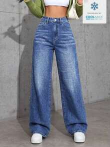Jeans de mezclilla de unicolor minimalista para uso diario de mujer - Azul lavado oscuro 3 - Ver 7