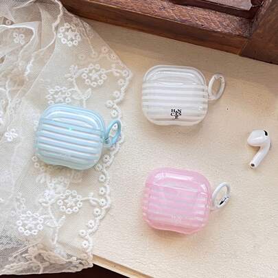 韩式极简半透明粉蓝白条纹挂环耳机保护套，适用于 Pro 3、新款 Pro 2、可爱 Apple 4 极简 3，个性化半耳耳机保护套，女士款