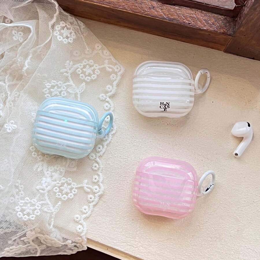 韓系簡約半透明粉藍白條紋掛環耳機保護套，適用於 Pro 3、New Pro 2、Apple 4 Minimalist 3，個性化 1/2 女款耳機套
