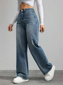 Jeans de mezclilla de unicolor minimalista para uso diario de mujer - Azul lavado oscuro 4 - Ver 5
