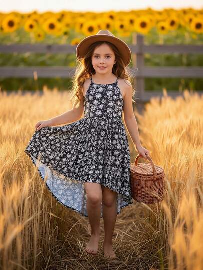 Tween Girl Summer Sleeveless Ditsy Floral Asymmetric Hem Dress, Fashionable Minimalist Design For Party And Gathering