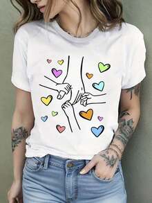 Women'S 100% Graphic T-Shirt - Heart & Hand-Holding Print Round Neck Short Sleeve, Relaxed Fit Breathable Summer Tee For, Camping, Casual Wear - Perfect Holiday Gift, Camping T Shirts, Outdoor Activity Shirt, Comfortable Fabric Blouses For Women Shirt - 白色 - 查看 6