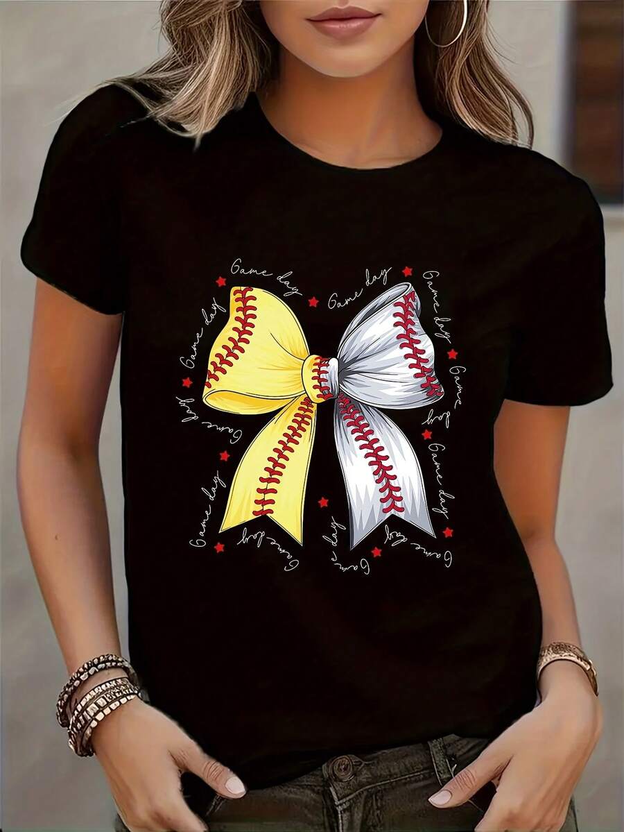 Women's Casual Short-Sleeve Baseball Print T-Shirt - Loose Fit, Crew Neck, Semi-Sheer, Machine Washable - Striped Top, Suitable For Casual Wear And Layering. | Comfortable Casual Clothing (Suitable For Xxx) - Unisex Short-Sleeve Crew Neck Cotton T-Shirt, Urban Vintage Style - 黑色 - 查看 1
