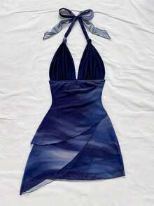 Vestido Mini Sexy Romántico de Vacaciones para Mujer Vintage con Degradado, Cuello Halter en V, Lazos, Malla, Volantes y Bajo Asimétrico, Ropa Bohemia, Vestido Ajustado - Multicolor 2 - Ver 2