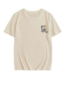 New Summer Casual T-Shirt With Food And Drink Print For Breakfast, Round Neck And Short Sleeve, Versatile And Fashionable Top For Women's Daily Wear - 杏色 - 查看 2