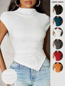Camiseta de punto con bajo asimétrico de unicolor para mujer, primavera - Blanco - Ver 9