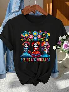 Women's Day Of The Dead T-Shirt - Short-Sleeved T-Shirt With Catrina Skull And Calathea Flower Print, Casual Stretch T-Shirt With Mexican Folk Art Design, For Day Of The Dead, Machine Washable, Suitable For Spring, Summer And Autumn. - 黑色 - 查看 7