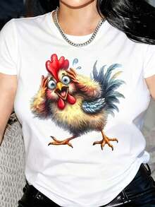 New Arrivals For Summer. Women's Funny Scared Rooster Graphic T-Shirt - White T-Shirt With Red Comb And Feet - Soft And Breathable Fabric For Casual Everyday And Party Wear - Machine Washable, Summer T-Shirts For Everyday Use, Fun And Original Garment, Cartoon Print T-Shirt, Durable Construction, Crew Neck T-Shirt, Fashionable Blouse For Women, T-Shirt > Beautiful. - 黑色 - 查看 6