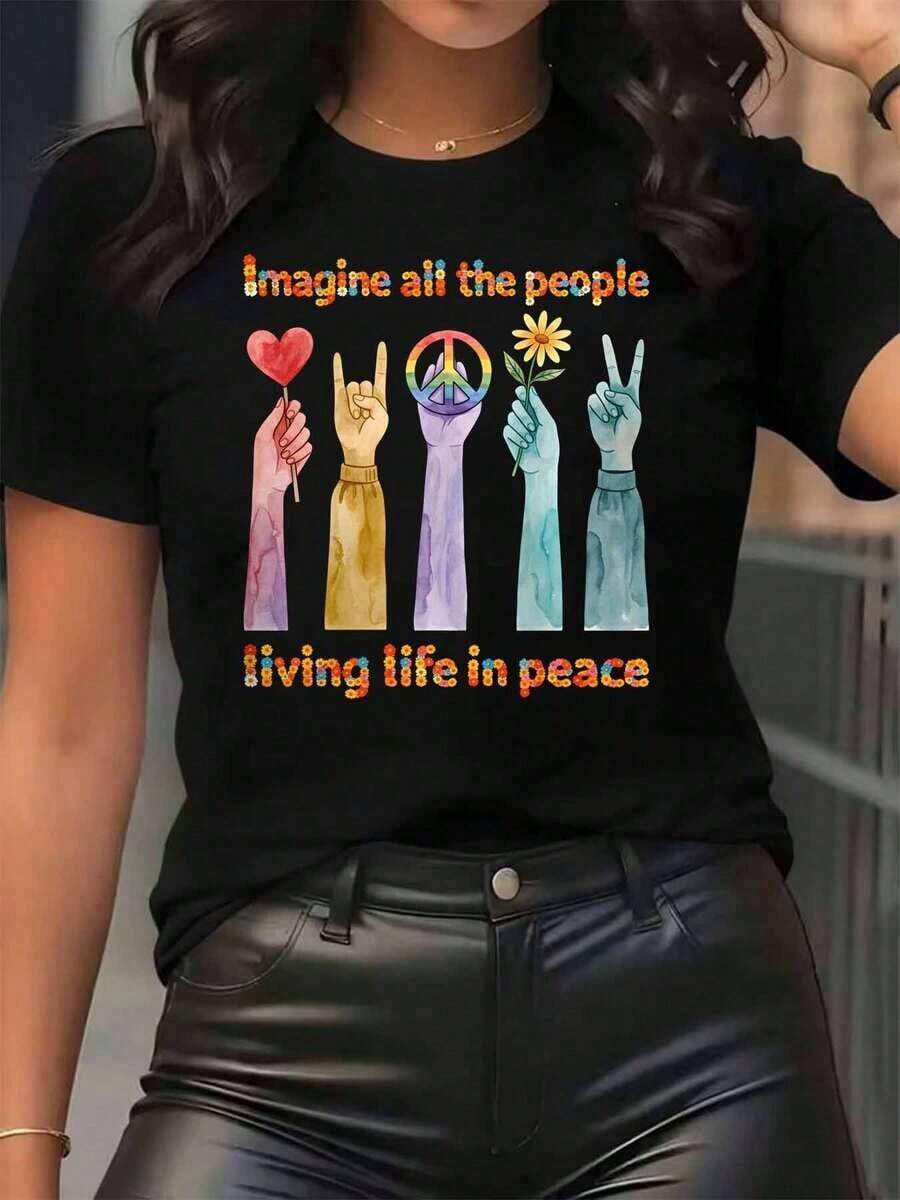 New Arrivals For Summer.Women T Shirt Imagine All The People Living Life In Peace With Colorful Hands And Symbols Print Round Neck Casual Daily Wear Soft Comfortable FestivalBlouse,Shirt > Beautiful. - 黑色 - 查看 1