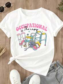 Women's Occupational Therapy T-Shirt With Round Neck And Wheelchair And Crutches Print For Everyday And Work Use - Unisex Urban Vintage Style, Loose Fit, Cotton, Short Sleeve And Round Neck. - 白色 - 查看 2