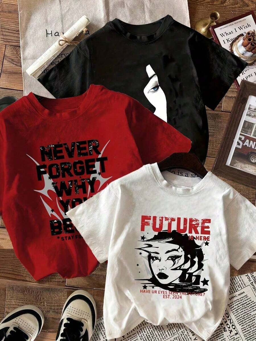2026 Nuevo Estilo Urbano - Estampado Único - Camiseta Casual de Manga Corta y Corte Ajustado para Mujer, con estampado de retrato y texto en inglés. - Negro - Ver 1