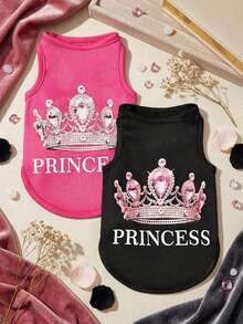 PETSIN 2 piezas Chaleco/Parte superior para perros/gatos con estampado de corona de princesa con diamante y texto en inglés, con diseño transpirable y fresco, apto para mascotas - Multicolor - Ver 3