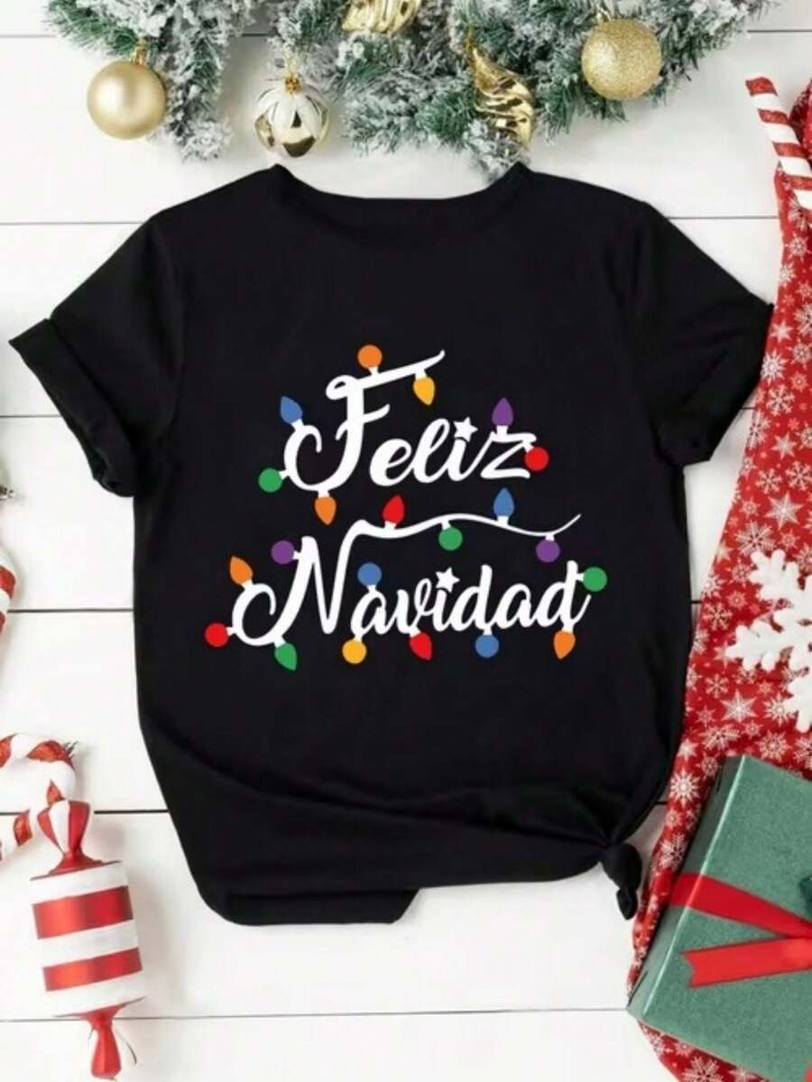 Women's T-Shirt, Casual Round Neck T-Shirt For Women, Loose And Comfortable, Printed T-Shirt, The T-Shirt Is Printed With "Merry Christmas" With Colorful Christmas Lights, Suitable For Women, Comfortable And Breathable, Round Neck, Fitted, Ideal For Summer And Casual Wear, Minimalist Design, Soft Texture. - 黑色 - 查看 1