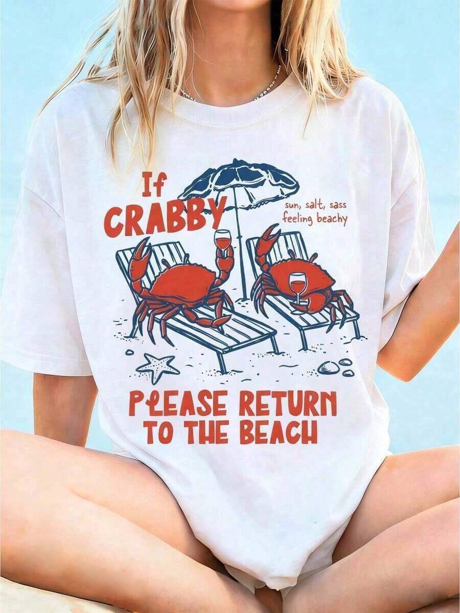 conjuntos de mujer2026Camiseta gráfica de algodón 100% con estampado de doble cara "If Crabby Please Return To The Beach Salty" para mujer, estilo casual de verano, talla grande | Ropa de Verano | Conjuntos de vacaciones: Camiseta de algodón puro, camisetas geniales para mujer - Blanco - Ver 1