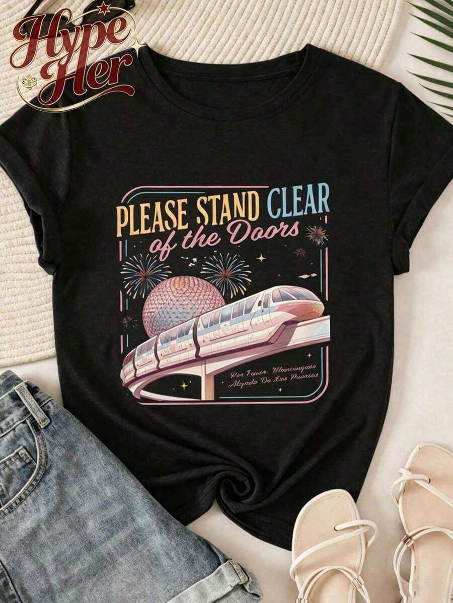 HypeHer Nueva Camiseta de Verano 2026 para Mujer, de Manga Corta, Cuello Redondo Regular, Estampado Casual con Temática de Monorail, Mezcla de Algodón, Regalo Ideal para Niñas o Mamás, Ajuste Veraniego para Mujer.Transpirable y cómoda. - Negro - Ver 1