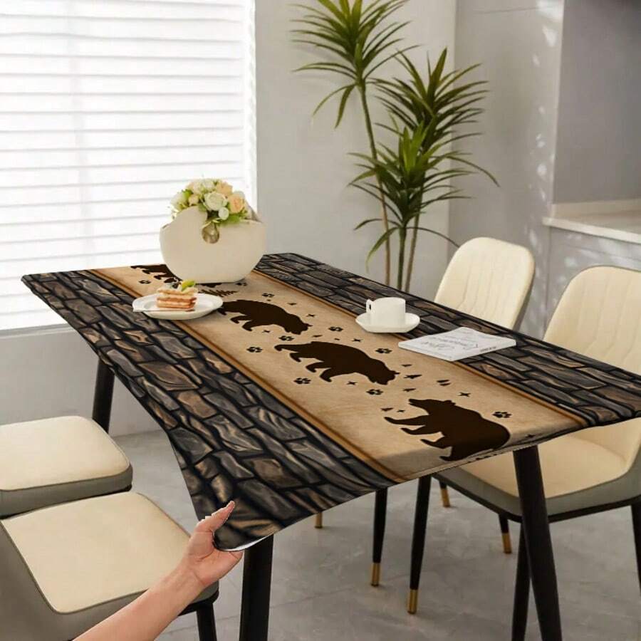 1pc Elastic Edge Design Bear Footprint Forest Pattern Elastic Tablecloth, Natural Stone Wall Background Design, Suitable For Dining Table Decor, Outdoor Tabletop Cover, Picnic Accessories, For Indoor And Outdoor Use - Multicolor - View 1