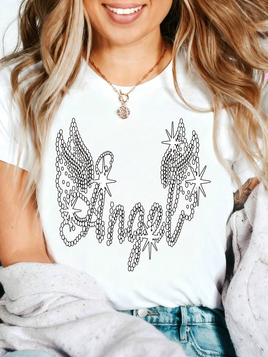 Angel Wings Graphic T-Shirt, 100% Cotton Oversized Soft Breathable Casual Crewneck Short Sleeve Top, Romantic Aesthetic Summer Vibes Tee for Women & Angel Lovers