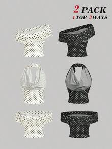 Set de 2 blusas casuales de mujer de ajuste ceñido y unicolor, que se pueden usar de 3 maneras diferentes - Blanco y Negro - Ver 2