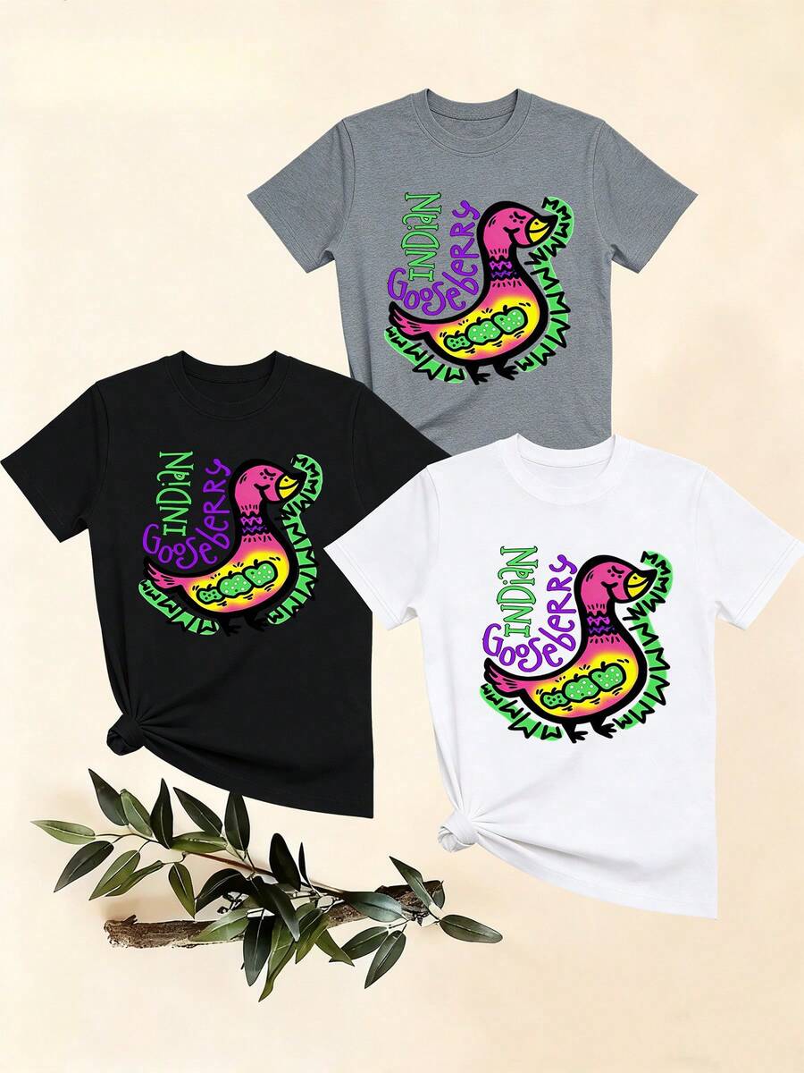 Women's T-Shirts, Women's T-Shirts, Casual One-Piece T-Shirt With Cartoon Goose Print And Round Neck, Comfortable And Breathable, Suitable For Daily Wear, And Unique Short-Sleeved Top. - 1件黑色隨機圖案 - 查看 1