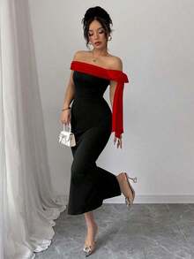 Vestido largo elegante con hombros descubiertos y decoración de lazo - Rojo y negro - Ver 4