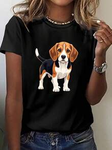 Women's Beagle Print T-Shirt - Casual Crew Neck Short Sleeve T-Shirt With Realistic Dog Illustration, Light Gray, Perfect For Spring And  T-Shirt - 黑色 - 查看 1