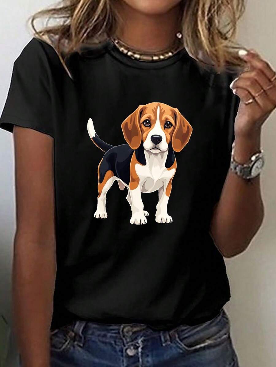 Women's Beagle Print T-Shirt - Casual Crew Neck Short Sleeve T-Shirt With Realistic Dog Illustration, Light Gray, Perfect For Spring And  T-Shirt - 黑色 - 查看 1