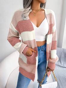 Women's Striped Cardigan Sweater Fall Winter Color Block Long Sleeve Puff Sleeve Open Front Knit Jacket With Pockets - Hồng - Xem 4