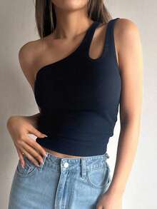 Top de un hombro con diseño hueco y ajuste ceñido para mujer, tops cortos para salir de mujer - Azul marino - Ver 3