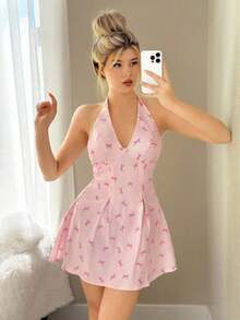 Vestido mini halter con cintura ajustada y estampado de mariposas - Rosa - Ver 3