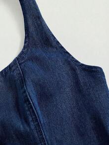 Top en mezclilla con botón delantero de cuello halter - Azul lavado oscuro - Ver 4