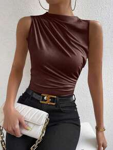 Blusa casual versátil con cuello alto y plisados para mujer - Marrón 2 - Ver 8