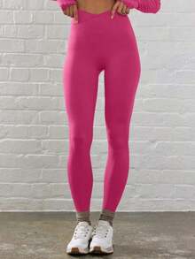 Sport Leggings ajustados de cintura contorneada y cruzada para actividades, pádel, tenis, pickleball, gimnasio, fitness, pilates y uso casual diario - Rosa Fucsia - Ver 2