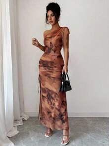 Vestido maxi sin mangas con abertura alta y estampado floral elegante de malla para mujer - Cafetería - Ver 6