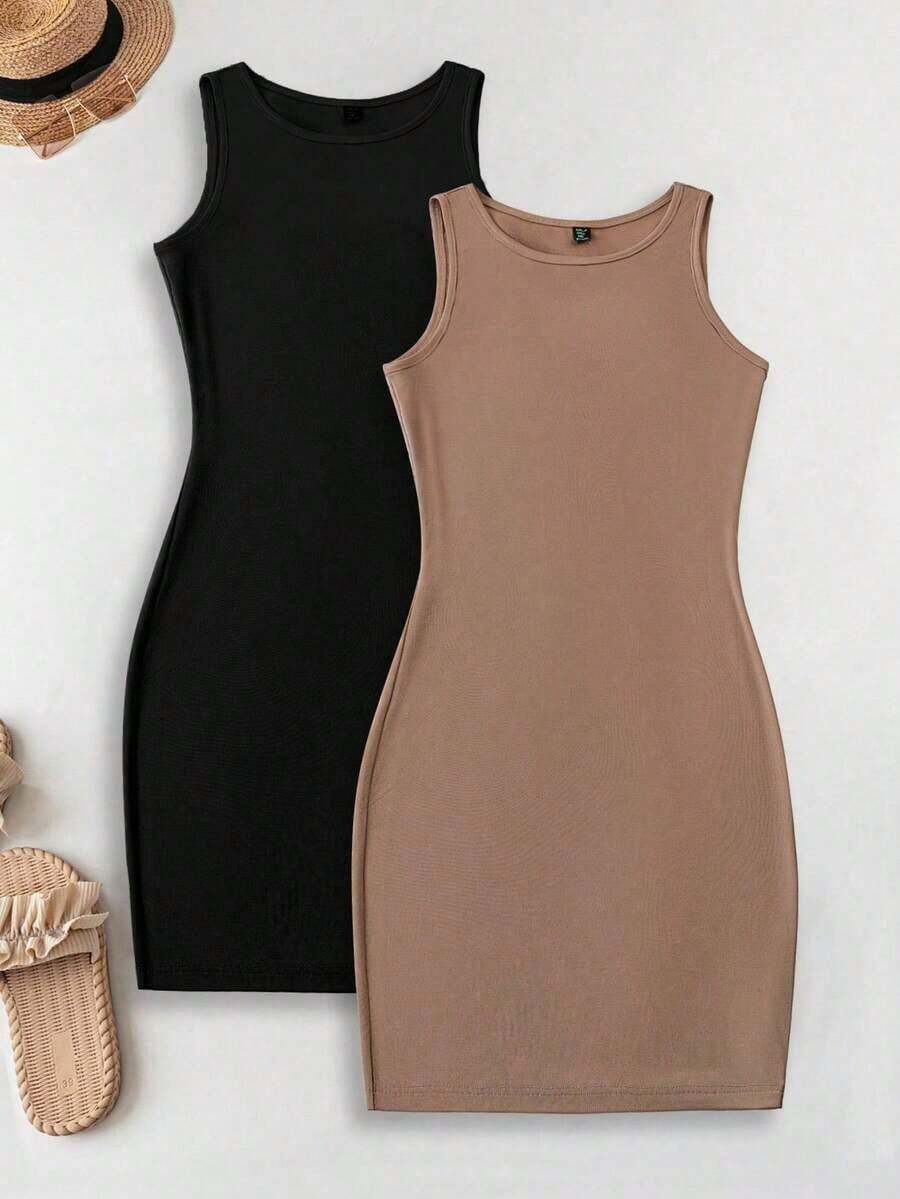 Set de 2 vestidos casuales para mujer: 1 vestido de tirantes ajustado + 1 vestido mini de cuello redondo ajustado - Multicolor - Ver 1