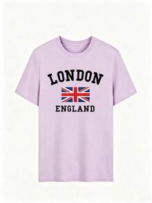 Kaos Lengan Pendek Leher Bulat Motif Bendera Inggris London, Pakaian Kasual Dasar Sehari-hari untuk Liburan Musim Panas - Mauve Purple - View 2
