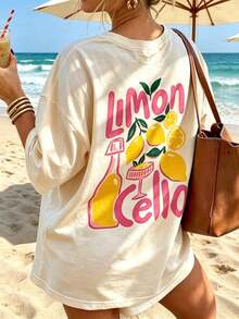 女款寬鬆版型義大利南部度假風檸檬印花T恤，Limoncello主題短袖，阿馬菲海岸放鬆度假氛圍休閒夏裝 - 杏色 - 查看 2