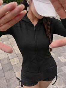 Chaqueta de manga larga de cuello alto elástico de unicolor entallada, ropa deportiva y casual, primavera/otoño - Negro 8 - Ver 3