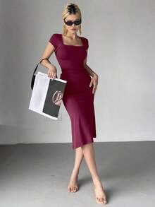 Vestido midi de cóctel de cuello cuadrado envolvente de unicolor con cola de pez para mujer - Burdeos - Ver 6