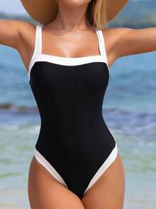 Traje de baño de una pieza elegante y ajustado con corte de color en contraste azul marino y blanco, con tirantes anchos ajustables para mujer, Primavera/Verano 2026 - Blanco y Negro - Ver 4