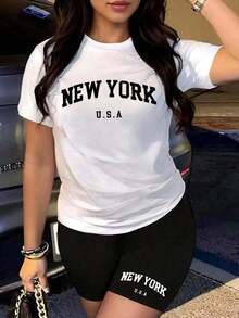 1 Piece Of Men's And Women's Short-Sleeved Crew Neck T-Shirt, Loose Fit And Breathable, For Summer, With "NEW YORK" Print, One-Piece Jumpsuit Style, Single Pack, 180g, 100% Cotton. - 白色 - 查看 8